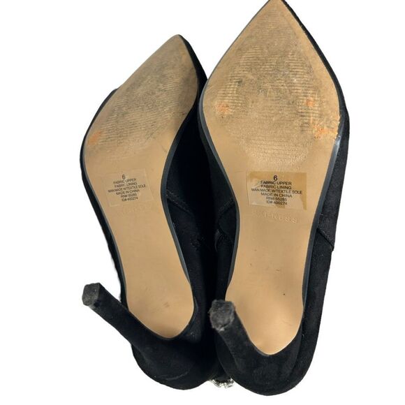 Express Black Faux Suede Ankle Booties Heeled Boots Gemstone Top Pointed Toe - Picture 7 of 9